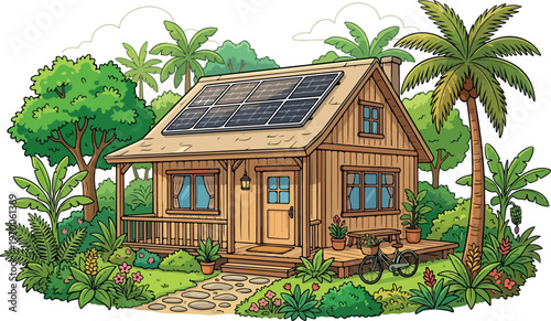 Eco friendly wooden house with solar panels on roof in tropical garden