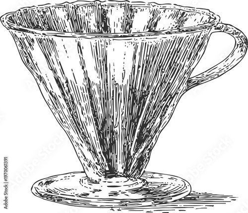 Hand drawn coffee dripper with handle, ceramic pour over filter for brewing fresh coffee at home or cafe