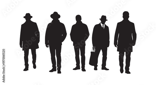 Silhouette of five men standing in a row on white background isolated on transparent background