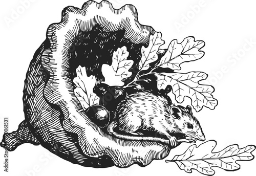 vintage illustration of a squirrel resting inside a large oak acorn shell with leaves