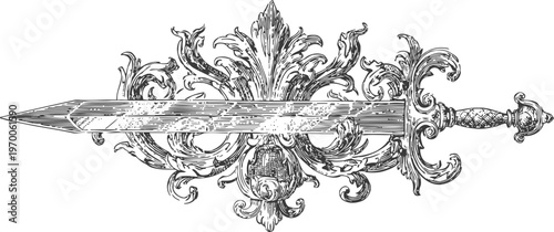 Ornate vintage sword with decorative hilt and blade on intricate floral engraved background