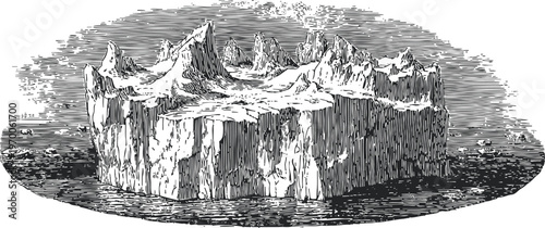 Vintage illustration of a massive iceberg floating in the ocean waters with detailed textures