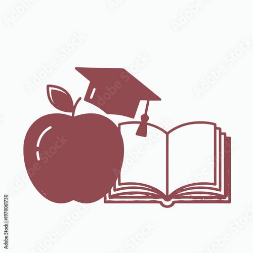 Conceptual vector illustration symbolizing the fundamental principles of education, academic achievement, and intellectual growth, featuring an apple, graduation cap, and open book