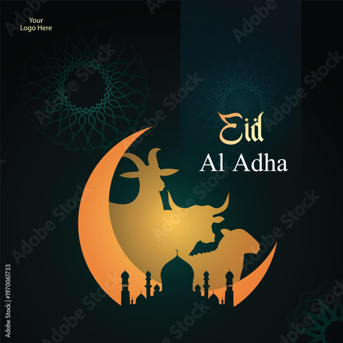 Eid Al Adha Islamic Greeting Card with Crescent Moon and Sheep