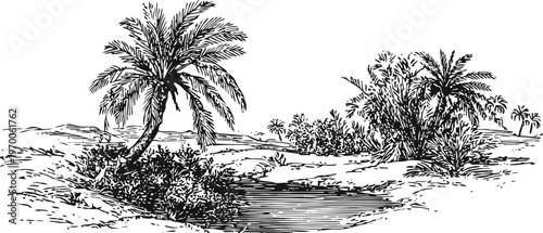 Desert oasis landscape with palm trees, bushes, and a small water pond in a dry sandy environment