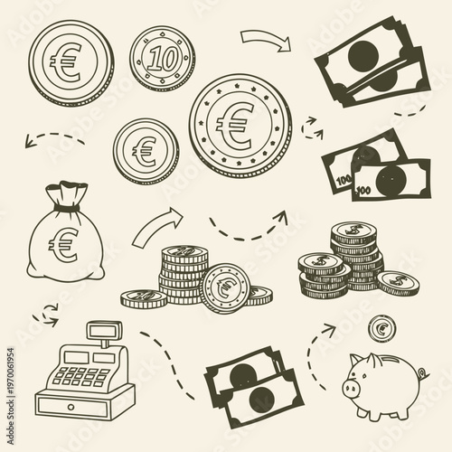 Vector illustration of financial elements including coins, banknotes, a cash register, and a piggy bank for savings and investment concepts