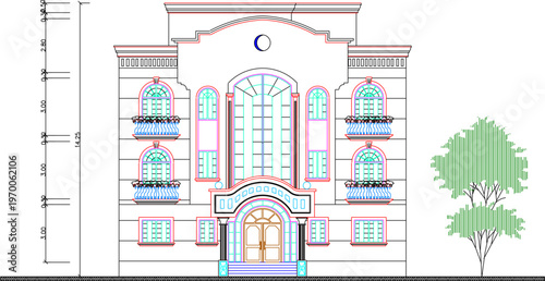 Technical Architectural Blueprint of a Multi-Storey Commercial Complex Featuring Detailed Facade Proportions and Height Dimension Strings