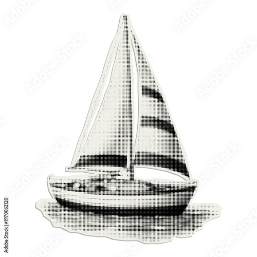Vector sailboat. Trendy retro cut out element with a halftone effect for collage, poster, banner, cover design.