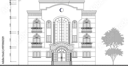 Technical Architectural Blueprint of a Multi-Storey Commercial Complex Featuring Detailed Facade Proportions and Height Dimension Strings