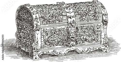 Decorative antique wooden treasure chest with ornate carvings and metal accents