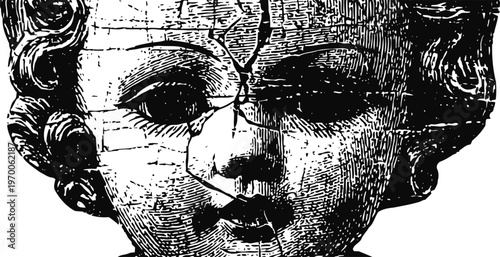 Antique cracked doll head illustration vintage creepy porcelain face with detailed texture and broken lines