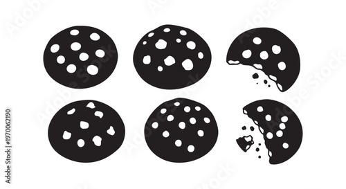 A group of six black cookies with white spots on a plain white background isolated on transparent background