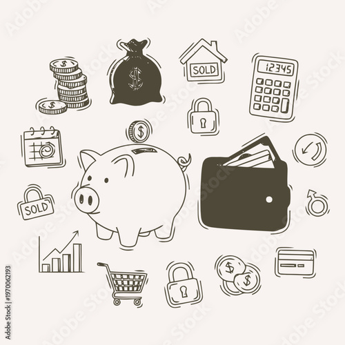Collection of hand-drawn finance and saving icons, including piggy bank, money bag, wallet, coins, calculator, and graph symbolizing financial growth and security