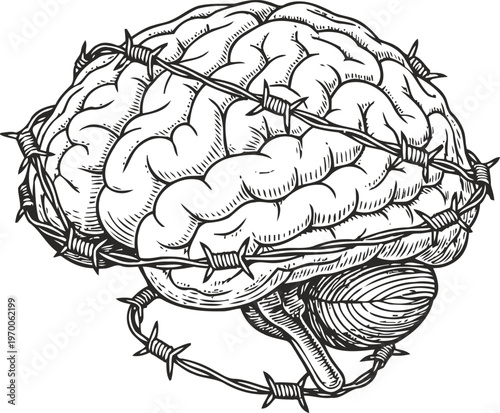 Human brain wrapped with barbed wire concept of mental pain, stress, and psychological limitation