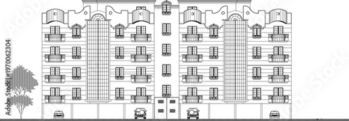 Professional AutoCAD Elevation Drawing of a Multi-Storey Mixed-Use Building with Symmetrical Window Designs and Decorative Balconies 