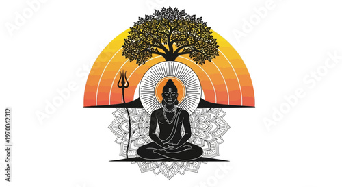 Vector illustration of Lord Mahavira in meditation, depicted in silhouette with floral decorations and spiritual symbolism, set against an orange gradient backdrop beneath a tree, embodying