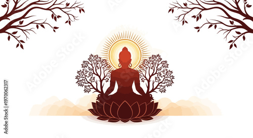 Vector illustration of a Lord Mahavira silhouette in meditation pose over a lotus flower, flanked by floral tree designs against a white background, embodying Indian culture and spiritual
