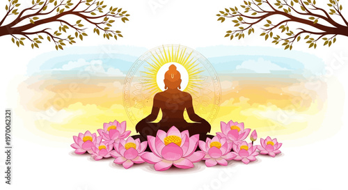 Silhouette illustration of Lord Mahavira in meditation pose with floral decorations, set against a soft watercolor background and framed by tree branches, creating a serene and celebratory