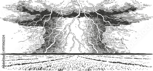 Black and white illustration of lightning storm over grassy field with dramatic cloudy sky