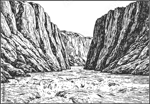 Monochrome river canyon with steep cliffs and flowing water in detailed ink sketch