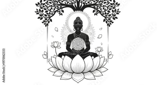 Stylized vector illustration of a Lord Mahavira silhouette in meditation, set against a clean white background and seated upon a lotus flower, with floral decorations and an intricate