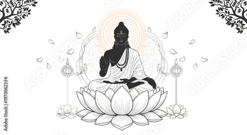 A vector illustration depicts Lord Mahavira in meditation, a silhouette design with floral decorations and Indian icons, set against a clean background in a style that evokes a sense