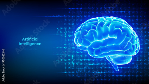 Brain. Futuristic digital brain. AI. Concept of artificial intelligence, innovation technology, machine learning, data science. Binary code background with digits 1.0. Binary data. Vector illustration