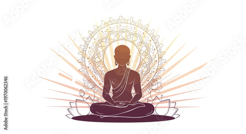 Silhouette illustration of Lord Mahavira in meditation pose, seated on a lotus flower with intricate floral decorations, presented in a minimalist design with a clean white background