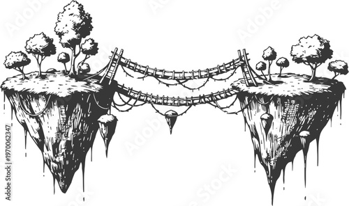 Floating islands connected by a wooden rope bridge in fantasy landscape with trees and rocky cliffs