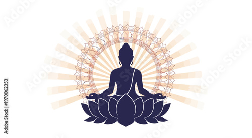 Floral vector illustration featuring a Lord Mahavira silhouette in meditation, designed with intricate decorations and a symbolic lotus position against a clean white background