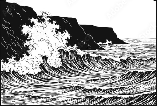 ocean waves crashing against coastal cliffs with dynamic sea and rugged landscape