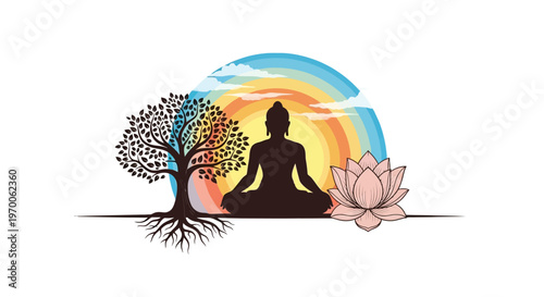 Against a white backdrop, a vector design depicts a silhouette of Lord Mahavira in meditation, flanked by a floral lotus illustration and a tree with visible roots, evoking a spiritual