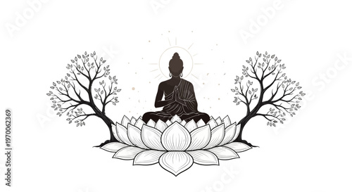 A vector illustration depicts Lord Mahavira in meditation, silhouetted on a lotus flower, flanked by decorative floral trees, set against a clean white backdrop, creating a serene