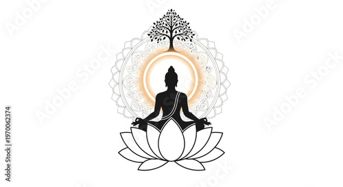 Silhouette vector illustration depicting Lord Mahavira in meditation pose, seated atop a lotus flower with a floral design and tree above, against a clean white background