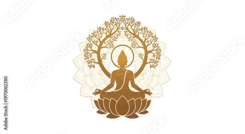 Vector illustration featuring a golden silhouette of Lord Mahavira in meditation pose, adorned with floral decorations and Indian-inspired designs, set against a clean white background