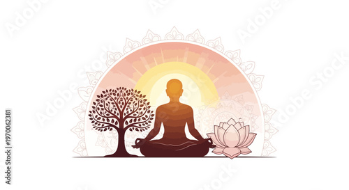 Silhouette illustration of Lord Mahavira in meditation, featuring a lotus flower, tree, and floral decoration against a white background, designed with warm tones to evoke a serene mood