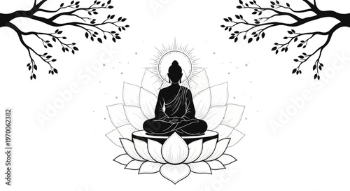 Stylized vector illustration of Lord Mahavira in meditation, presented as a black silhouette seated atop a lotus flower, with floral decorations and tree branches forming a symmetrical