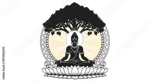 Stylized vector illustration of Lord Mahavira in meditation, depicted as a black silhouette on a lotus flower, framed by floral decorations and a tree, conveying a spiritual and celebratory