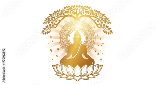 Golden vector illustration featuring a silhouette of Lord Mahavira in meditation, adorned with floral decoration and radiant light, set against a clean white background