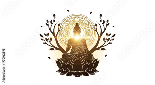 Vector illustration depicting Lord Mahavira in a meditative pose, his silhouette adorned with floral designs and Indian decorative elements, set against a clean white background that evokes