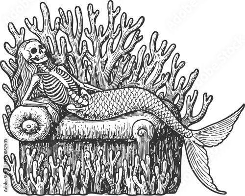 Skeleton mermaid reclining on armchair surrounded by coral, underwater fantasy gothic illustration