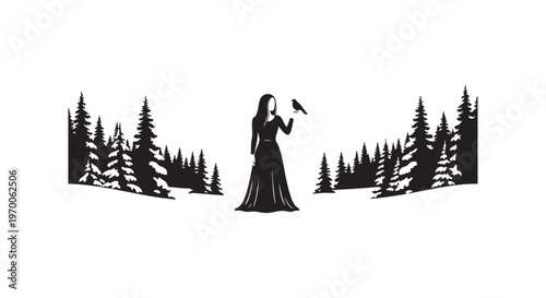 A woman in a long dress standing in front of a forest of pine trees isolated on transparent background