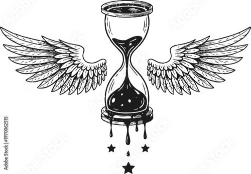 Winged hourglass with dripping sand and stars time concept with detailed feather wings, vintage tattoo design