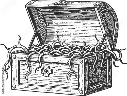 open wooden treasure chest filled with with wriggling worms detailed vintage illustration