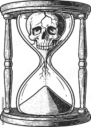 Hourglass with skull inside sand timer, symbolizing the passage of time and mortality