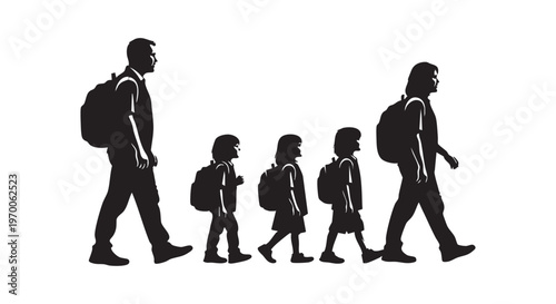 A family walking together to school with backpacks isolated on transparent background