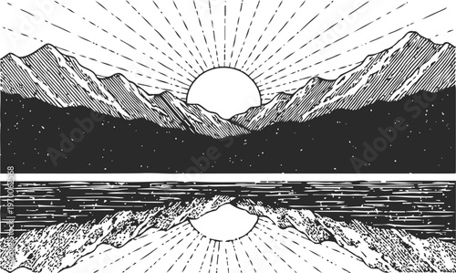 Sunset over mountain lake with reflection, black and white landscape illustration, nature scenery vintage