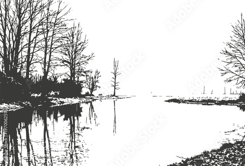 winter river landscape with bare trees reflected on calm water under overcast sky