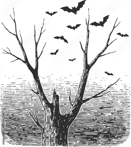 Spooky barren tree with flying bats at dusk halloween silhouette, creepy autumn scene