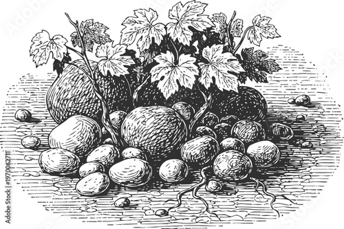 Vintage illustration of potatoes with leaves and roots on ground in engraved